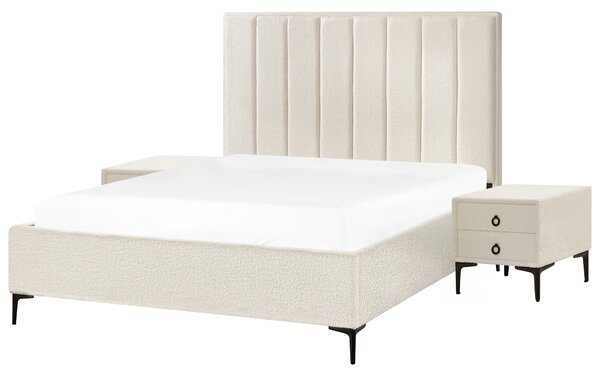 Sada nábytku do spálne krémová biela buklé čalúnenie posteľ s úložným priestorom 160 x 200 cm lamelový rošt 2 nočné stolíky moderný štýl