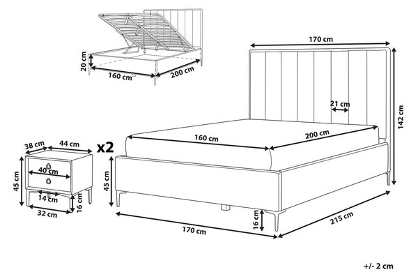 Sada nábytku do spálne krémová biela buklé čalúnenie posteľ s úložným priestorom 160 x 200 cm lamelový rošt 2 nočné stolíky moderný štýl