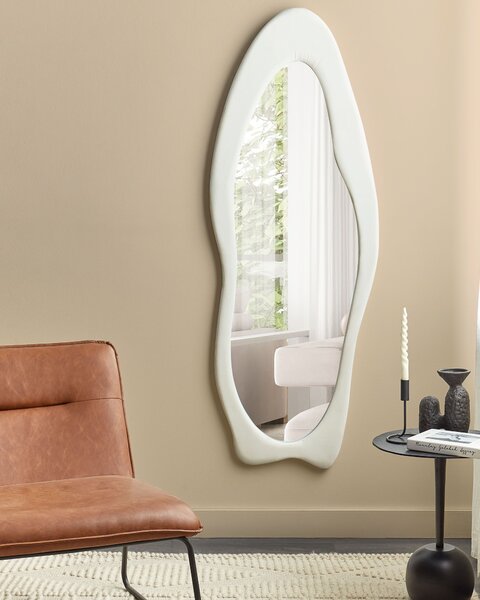 Nástenné zrkadlo biele MDF zamatový rám sklo 57 x 160 cm nepravidelný tvar závesné na stenu moderný štýl