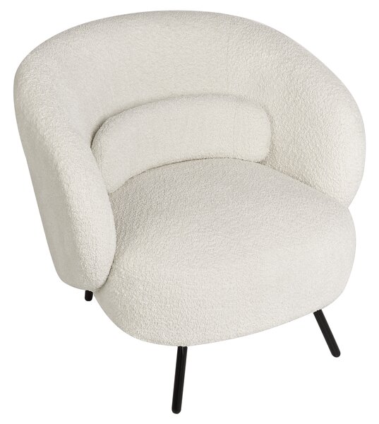 Kreslo biele buklé čalúnenie čierne kovové nohy zaoblené operadlo retro glamour art deco štýl obývačka