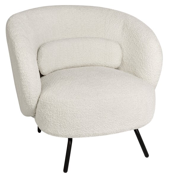 Kreslo biele buklé čalúnenie čierne kovové nohy zaoblené operadlo retro glamour art deco štýl obývačka