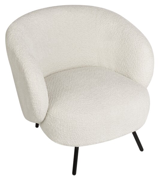 Kreslo biele buklé čalúnenie čierne kovové nohy zaoblené operadlo retro glamour art deco štýl obývačka
