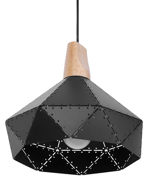 Závesná lampa čierna farba kovová s prvkom z dubového dreva geometrický tvar moderná