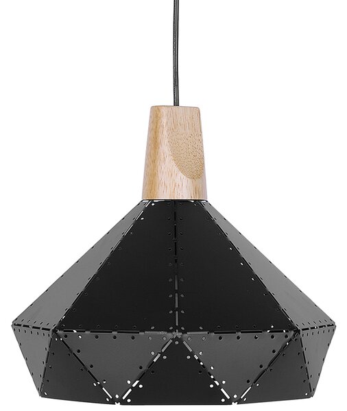 Závesná lampa čierna farba kovová s prvkom z dubového dreva geometrický tvar moderná