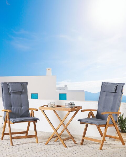 Sada 2 záhradných stoličiek svetlé akáciové drevo modré podsedáky skladacie odolné voči UV rustikálny štýl