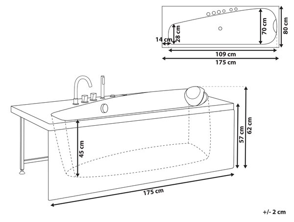 Vírivá vaňa biela akrylát 175 x 80 cm obdĺžnikový tvar pre 1 osobu s LED osvetlením hydromasážne trysky pravostranná moderný štýl kúpeľňa