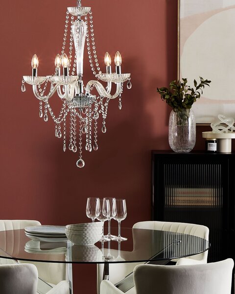 Luster strieborný kov so sklenenými kryštály 5-plameňovo benátsky glamour štýl priehľadný
