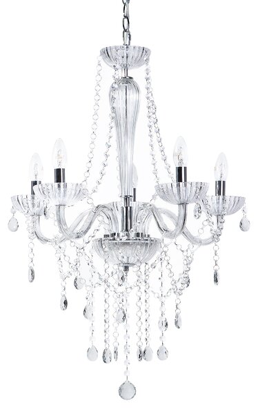 Luster strieborný kov so sklenenými kryštály 5-plameňovo benátsky glamour štýl priehľadný