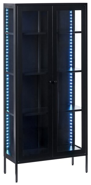 Vitrína čierna oceľová 80 x 35 x 176 cm sklenené dvierka 4 police s LED svetlom moderná industriálna domáca kancelária