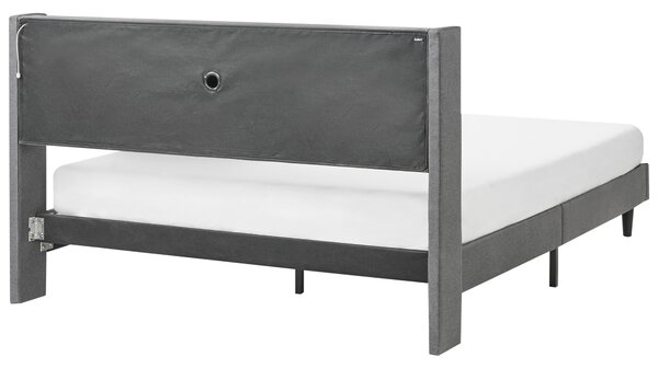 Posteľ tmavosivá látková čalúnená 160 x 200 cm čalúnené čelo s LED USB port moderný dizajn