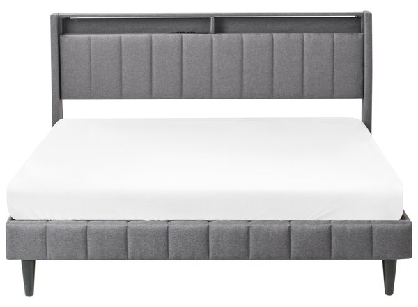 Posteľ tmavosivá látková čalúnená 160 x 200 cm čalúnené čelo s LED USB port moderný dizajn