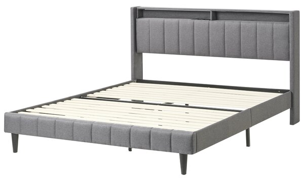 Posteľ tmavosivá látková čalúnená 160 x 200 cm čalúnené čelo s LED USB port moderný dizajn