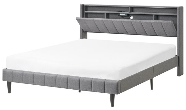 Posteľ tmavosivá látková čalúnená 160 x 200 cm čalúnené čelo s LED USB port moderný dizajn