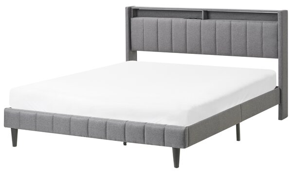 Posteľ tmavosivá látková čalúnená 160 x 200 cm čalúnené čelo s LED USB port moderný dizajn