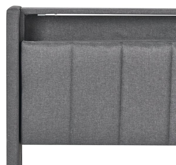 Posteľ tmavosivá látková čalúnená 180 x 200 cm čalúnené čelo s LED USB port moderný dizajn