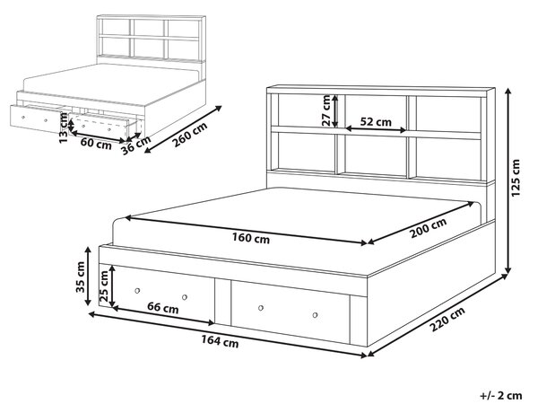 Posteľ biela MDF 160 x 200 cm úložný priestor 2 zásuvky čelo s policami minimalistický štýl
