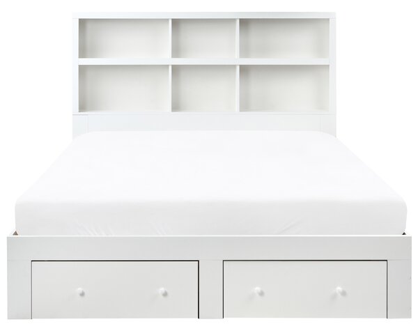 Posteľ biela MDF 160 x 200 cm úložný priestor 2 zásuvky čelo s policami minimalistický štýl