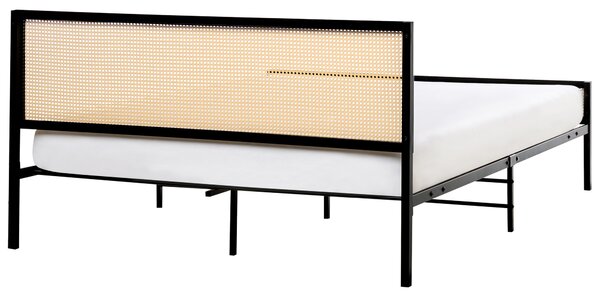 Posteľ čierna železo kovový rám 160 x 200 cm lamelový rošt PE ratan viedenský výplet s čelom moderný boho štýl spálňa