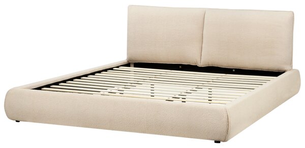 Posteľ svetlobéžová buklé čalúnenie 180 x 200 cm lamelový rošt hrubé čalúnené čelo postele moderný štýl spálňa