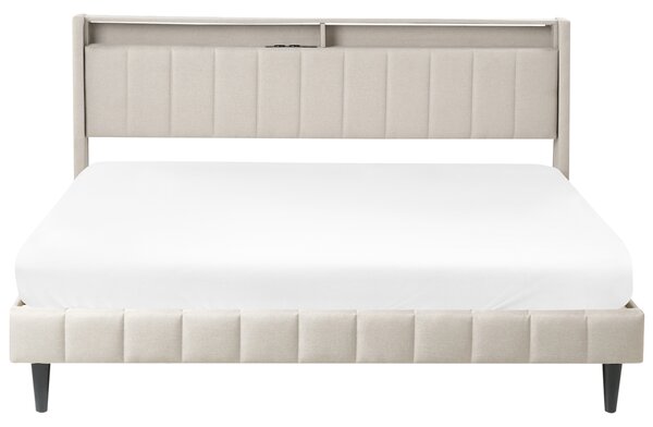 Posteľ béžová látková čalúnená 180 x 200 cm čalúnené čelo s LED USB port moderný dizajn