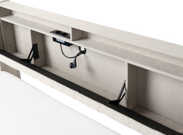 Posteľ béžová látková čalúnená 160 x 200 cm čalúnené čelo s LED USB port moderný dizajn