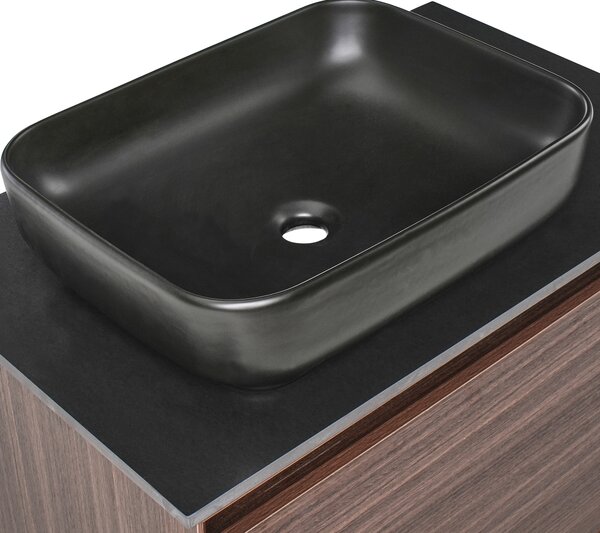 Závesná kúpeľňová skrinka s keramickým umývadlom tmavohnedá spracované drevo 80 cm so zásuvkou moderný dizajn