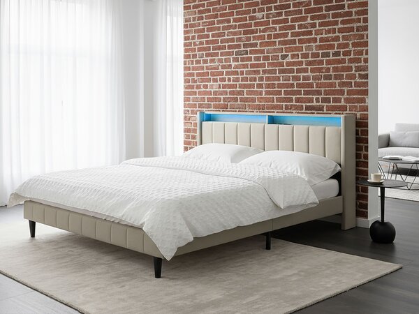 Posteľ béžová látková čalúnená 180 x 200 cm čalúnené čelo s LED USB port moderný dizajn