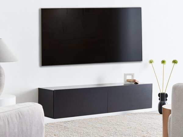 Závesná skrinka pod TV čierna 140 cm tv stolík na stenu minimalistický dizajn obývacia izba