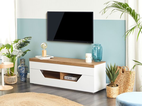 TV stolík biela svetlé drevo MDF 4 zásuvky 2 police škandinávsky dizajn obývacia izba