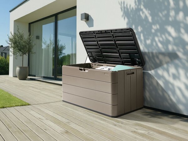 Záhradný úložný box hnedý plast 116 x 60 cm s držadlami na vonkajšie textílie exteriér
