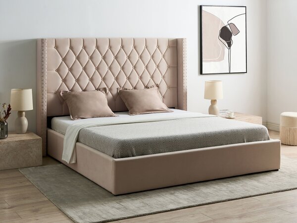 Posteľ s úložným priestorom krémová biela zamatová čalúnená 180 x 200 cm prešívané čelo elegantný glamour dizajn