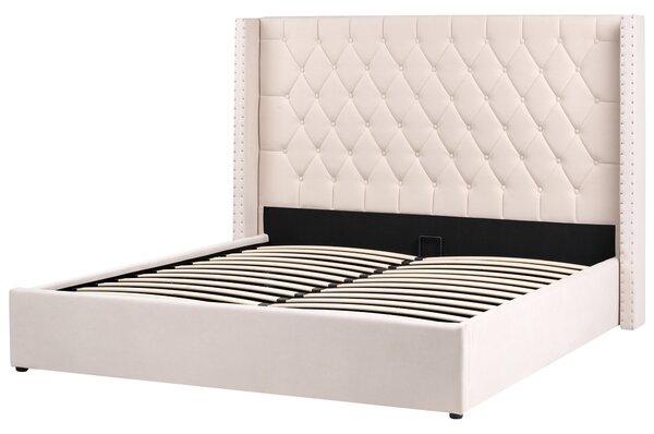 Posteľ s úložným priestorom krémová biela zamatová čalúnená 180 x 200 cm prešívané čelo elegantný glamour dizajn