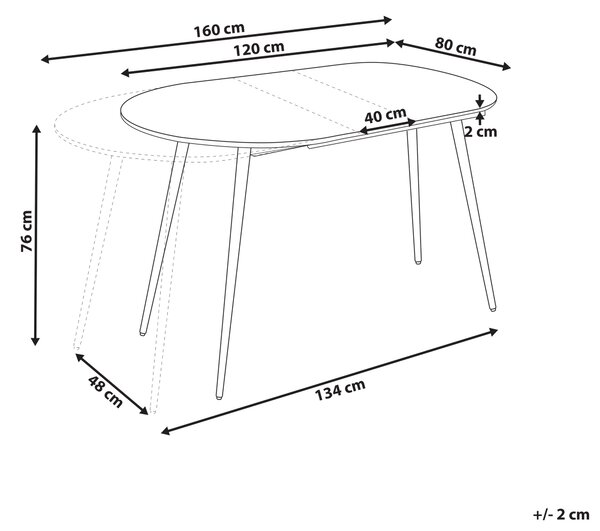 Jedálenský stôl biely MDF 120/160 x 80 cm čierne oceľové nohy oválna rozťahovacia doska moderný dizajn
