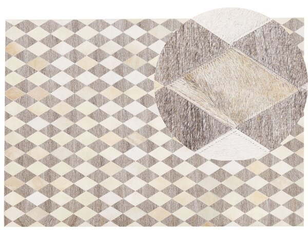 Koberec hnedá béžová žakár hovädzia koža 160 x 230 cm geometrický diamantový vzor patchworkový retro moderný štýl obývačka spálňa