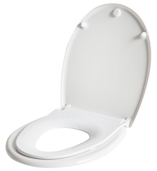 WC doska s pomalým sklápaním biela MDF lesklá 46 x 37 cm ľahko odnímateľná s extra sedadlom pre deti doplnky tradičný štýl kúpeľňa toaleta