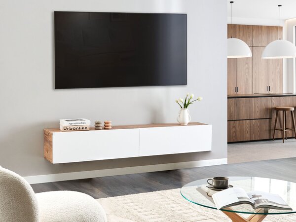 Závesná skrinka pod TV biela a hnedá 180 cm tv stolík na stenu minimalistický dizajn obývacia izba