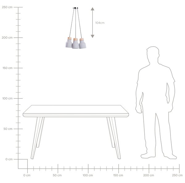 Závesná lampa zo sivého betónu a dreva s 3 lampami v priemyselnom štýle v tvare zvona