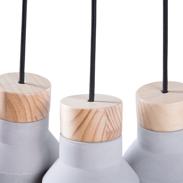 Závesná lampa zo sivého betónu a dreva s 3 lampami v priemyselnom štýle v tvare zvona