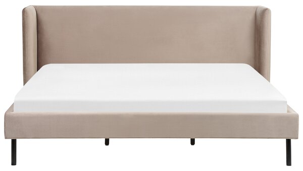 Rám postele sivobéžové zamatové čalúnenie čierne nohy 180 x 200 cm lamelový rošt s čalúneným čelom