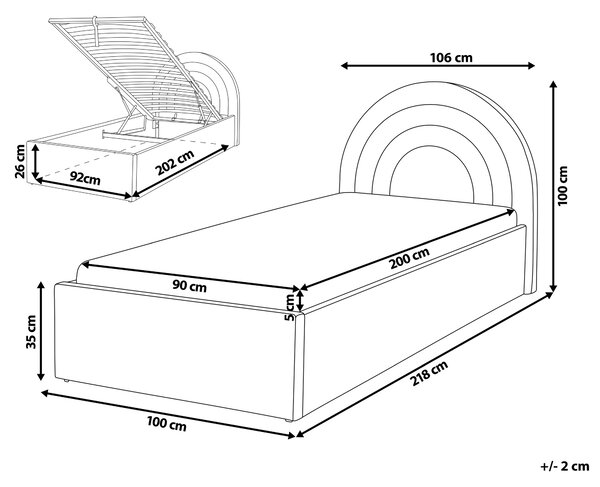 Posteľ s úložným priestorom béžová látková čalúnená 90 x 200 cm minimalistický retro dizajn zaoblené čelo postele