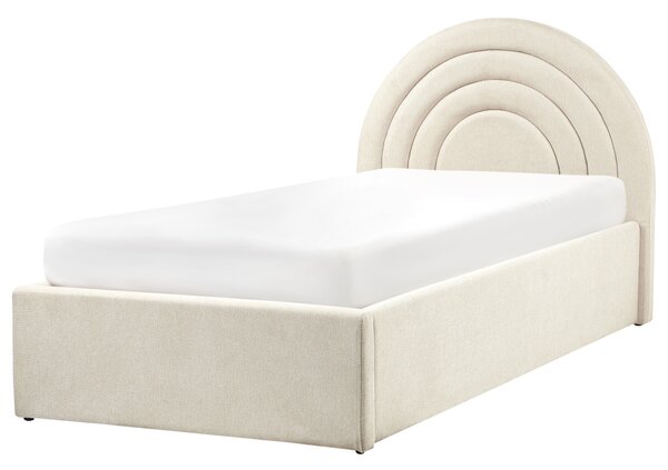 Posteľ s úložným priestorom béžová látková čalúnená 90 x 200 cm minimalistický retro dizajn zaoblené čelo postele