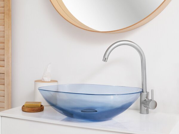 Umývadlo na dosku modré priehľadné z materiálu solid surface 54 x 36 cm moderná kúpeľňa