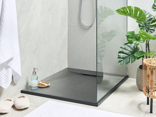 Sprchová vanička s odtokom čierna SMC 80 x 100 x 3 cm obdĺžnikový tvar efekt prírodného kameňa minimalistický štýl kúpeľňa