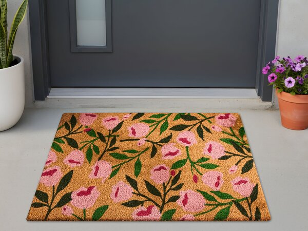 Rohožka prírodná prírodné kokosové vlákno 60 x 90 cm PVC povlak protišmyková rohož kvetinový vzor do interiéru moderná