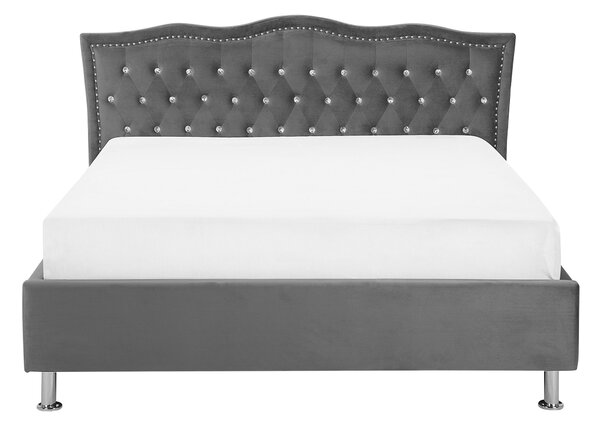 Posteľ tmavosivá zamatové čalúnenie 140 x 200 cm s úložným priestorom prešívané čelo s gombíkmi moderný glamour štýl spálňa