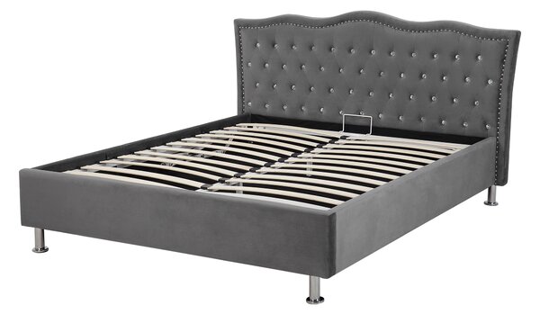 Posteľ tmavosivá zamatové čalúnenie 140 x 200 cm s úložným priestorom prešívané čelo s gombíkmi moderný glamour štýl spálňa