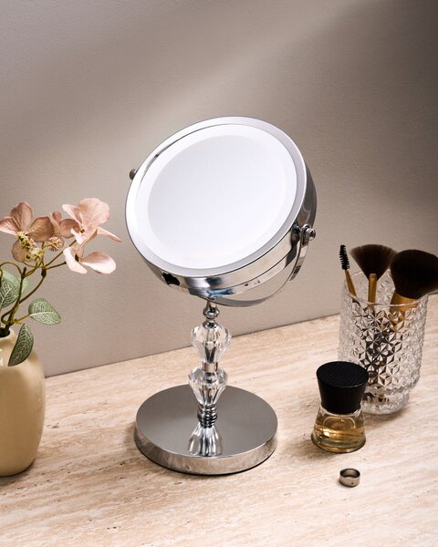 Kozmetické zrkadlo strieborná železo sklo ø 20 cm okrúhly tvar s LED svetlom zväčšovacie moderný glamour štýl doplnky