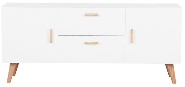 Príborník biela MDF doska dubové drevo 70 x 160 x 42 cm Retro minimalistický S nohami z bukového dreva Veľa úložného priestoru Elegantné obývacia izba