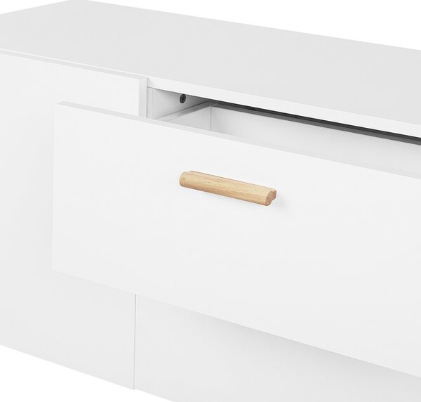 Príborník biela MDF doska dubové drevo 70 x 160 x 42 cm Retro minimalistický S nohami z bukového dreva Veľa úložného priestoru Elegantné obývacia izba