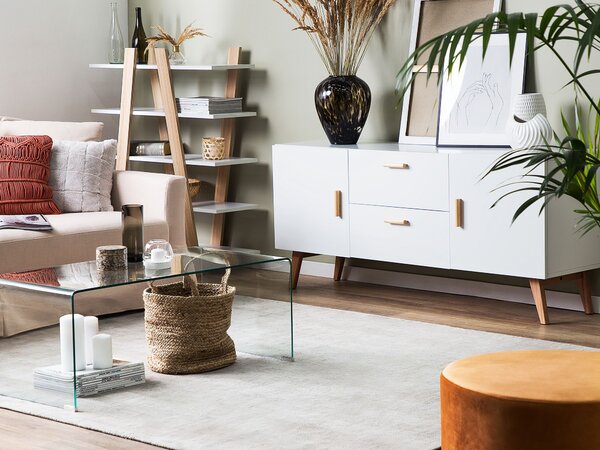Príborník biela MDF doska dubové drevo 70 x 160 x 42 cm Retro minimalistický S nohami z bukového dreva Veľa úložného priestoru Elegantné obývacia izba